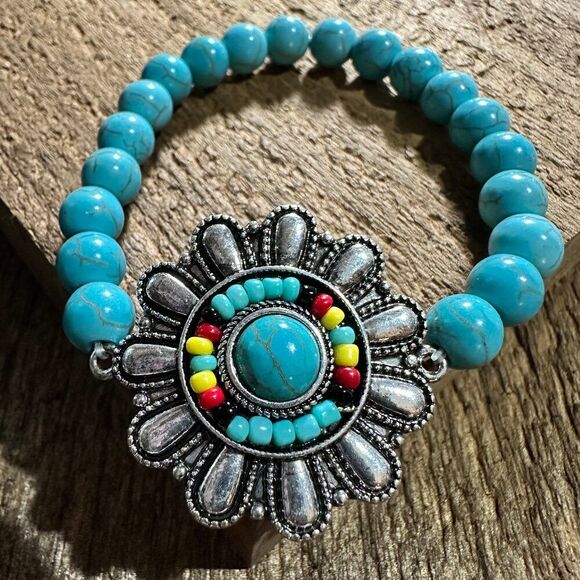 Turquoise Flower Concho Seed Bead Southwestern Bohemian Bracelet‎ - Picture 5 of 6